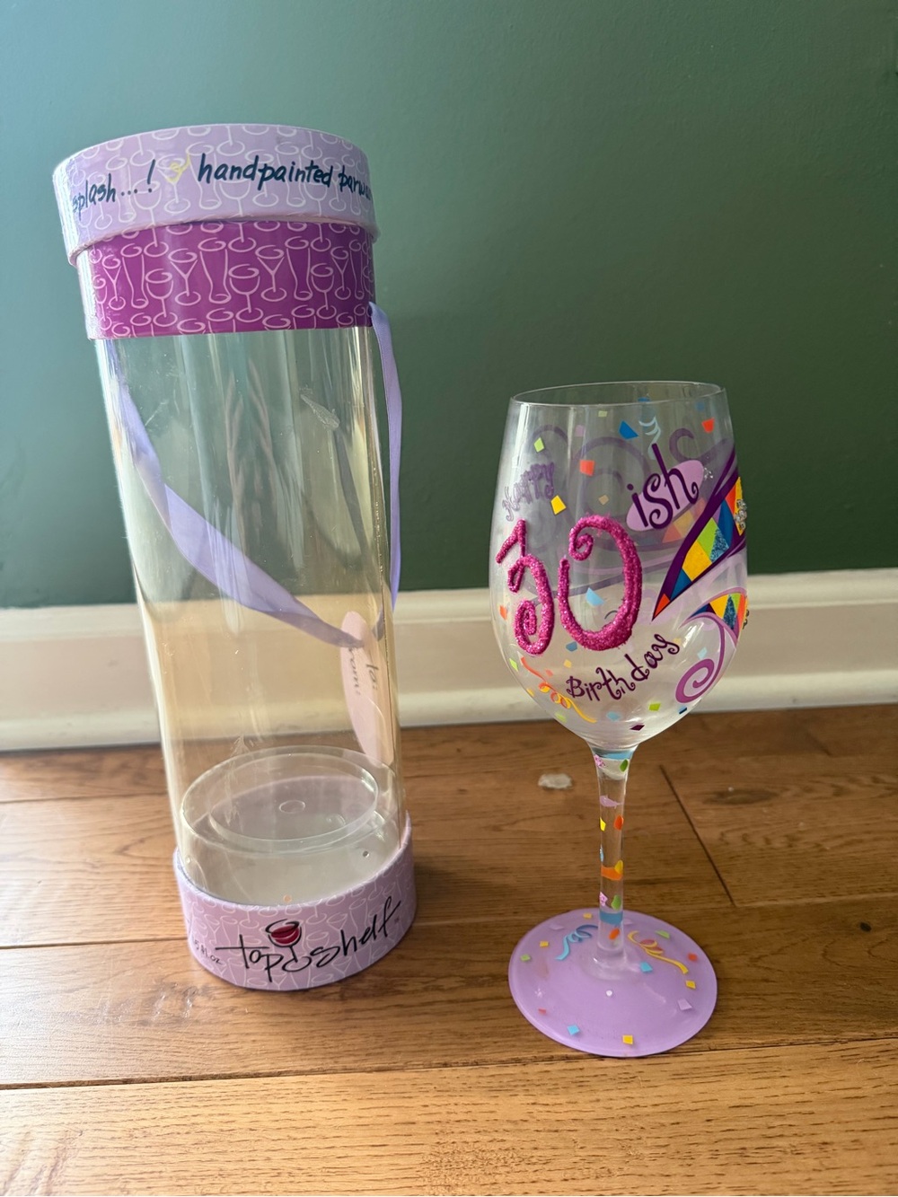 Handpainted 30ish Birthday Wine Glass - Purple Confetti Design